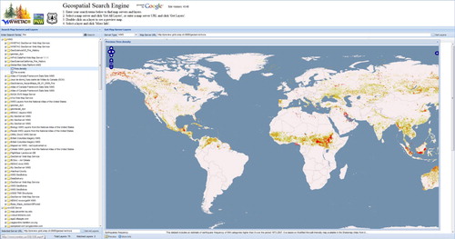 Figure 4. Map viewer of the GSE user interface displaying data selected from the Global Risk Data Platform server.