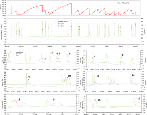 Figure 6  Modelled time-series and observed Escherichia coli concentrations in the Sherry River from November 2008 to October 2009; channel store numbers in the downstream most river reach (top); water concentrations and discharge (middle); and excerpts (below) showing detail of individually numbered events.