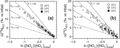 Figure 3. Relationships between (a) Δδ15NNO3 and (b) Δδ18ONO3 and the natural logarithms of NO3− concentration, normalized with respect to that in the incoming solution, in the column experiments. Δδ15NNO3 and Δδ18ONO3 are, respectively, the changes in δ15NNO3 and δ18O NO3 from their initial values in the solution fed to the columns. The broken and dotted lines represent the relationships expected for isotopic enrichment factors of nitrogen (15ε) and oxygen (18ε) of −5, −10, −15, and −20 ‰.
