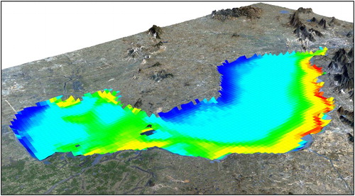 Figure 7. Embedded simulation of Chao Lake into 3D geographical scene. To enhance the existing topography of the region, the underlying DEM has been super-elevated by factor 5 and texturised using an aerial image of the region. With a maximum depth of 5 metres, Chao Lake is extremely shallow for a lake of its size. The depicted bathymetry has been super-elevated by factor 200 to give a sense of its 3D surface. Mapped on the lake surface is the result of preliminary simulation of evapotranspiration using the GETM (Burchard and Bolding Citation2002).
