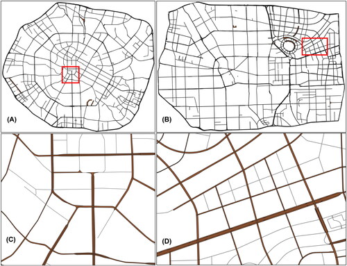Figure 12. Multilane road mesh extraction results. Global for (A) Chengdu and (B) Zhengzhou, (C) and (D) are local for them.