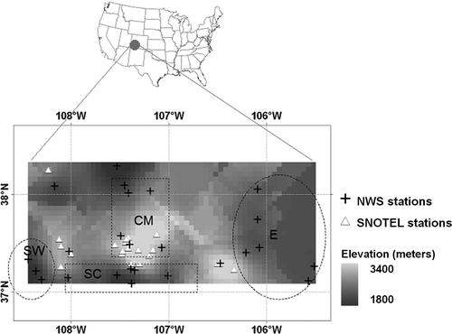 FIGURE 1 Spatial distribution of the National Weather Service and SNOTEL stations. Most of the observation stations are from these 12 counties: Archuleta, Conejos, Dolores, Hinsdale, La Plata, Mineral, Montezuma, Ouray, Rio Grande, Saguache, San Miguel, and San Juan. The NWS stations are grouped into the South West (SW), Central Mountains (CM), South Central (SC), and East (E) regions as shown by the enclosed curves.