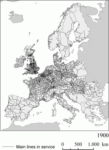 Figure 1b.  Main railway lines (standard gauge) in service across Europe, 1900.