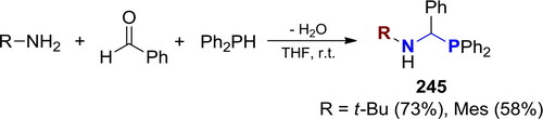 Scheme 143. 3C-Phospha-Mannich reaction of Ph2PH, bulky amines and benzaldehyde.[Citation295]