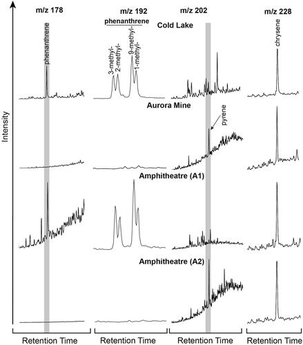 Figure 5. m/z 178, m/z 192, m/z 202, and m/z 228 ion chromatograms of the polycyclic aromatic hydrocarbons of the Alberta Oil Sands samples. The grey shading highlights the key compounds used to calculate the diagnostic ratios in Table 3.