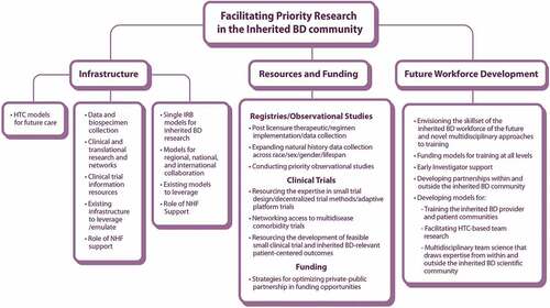 Figure 1. Working Group 6 Facilitating Priority Research in the Inherited Bleeding Disorders Community schematic of community-identified opportunities.BD: bleeding disorder, HTC: hemophilia treatment center, IRB: institutional review board, NHF: National Hemophilia Foundation