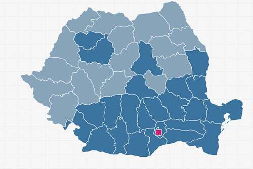 Figure 1. Geographic distribution of measles cases hospitalized in the National Institute for Infectious Diseases “Prof. Dr. Matei Balș” during the first three years of the current (2016 – ongoing) epidemic. Counties of origin of patients are marked in dark blue.