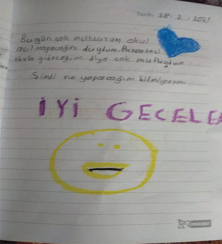 Figure 3. Diary drawing and text by child 5, Turkey (linked to diary entry).