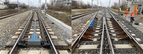 Figure 1. Pictures from the demonstrator test site taken by voestalpine Railway Systems GmbH. The whole S&C seen from the switch panel side (left) and detail of the crossing panel (right). Through route to the right and diverging route to the left in both pictures.
