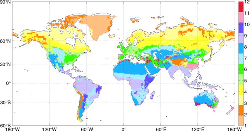 Fig. 1 Global potential natural vegetation map used in this study. The map shown here is the map of the dominant plant functional types in each 1°×1° grid cell. The labels are: (1) ice; (2) Alpine tundra and polar deserts; (3) wet tundra; (4) boreal forest; (5) temperate coniferous forest; (6) temperate deciduous forest; (7) grasslands; (8) xeric shrublands; (9) tropical forests; (10) xeric woodland; (11) temperate broadleaved evergreen forest; (12) Mediterranean shrublands.