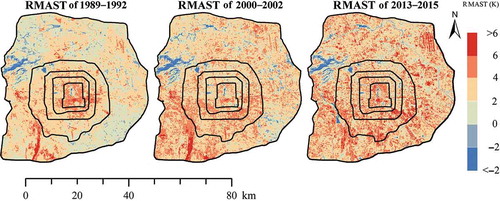 Figure 12. RMAST maps for the three periods of 1989–1992, 2000–2002, and 2013–2015.