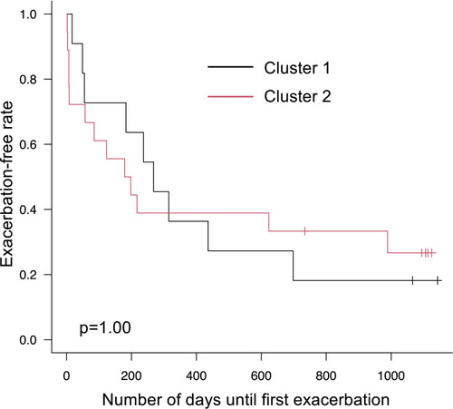 Figure 6 Kaplan–Meier curves for exacerbation-free survival. The high CV intermediate group was divided into two groups by cluster analysis.