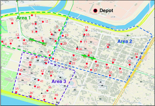 Figure 2 Locations of collection points and vehicle routes in the conventional system.