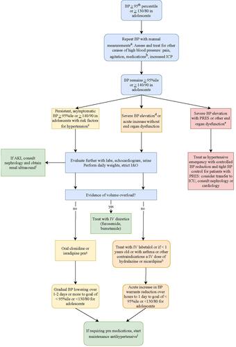 Figure 1 Inpatient hypertension algorithm pediatric patients with acute lymphoblastic leukemia. aEnsure appropriately sized cuff, taken in upper extremity when patient is resting and calm. bMedications that can cause hypertension include corticosteroids, stimulants, sympathomimetics (decongestants), MAOIs, some OCPs, and abrupt discontinuation of clonidine or beta blockers. cCommon risk factors in addition to corticosteroid exposure include prematurity, family history of hypertension, past history of acute kidney injury, chronic kidney disease, coarctation of the aorta, certain genetic syndromes. dSevere elevation is typically defined as >30 mmHg above the 95th percentile for age, height, and sex or > 170/110; however, there is no precise measurement cut-off due to presence or risk of end organ dysfunction. eHypertensive encephalopathy including seizures and manifestations of PRES, AKI due to hypertension, heart failure. fRecommend renal ultrasound without Doppler as sensitivity for renovascular hypertension is limited with Doppler and a CT angiogram or MR angiogram are recommended for high suspicion of renovascular hypertension. gClonidine initial starting dose: 2–5 mcg/kg/dose every 6–8 hours as needed, up to 10. mcg/kg/dose. Isradipine initial starting dose: 0.05–0.1 mg/kg/dose every 6–8 hours as needed, maximum starting dose of 2.5 mg per dose. hLabetalol initial starting dose: 0.2–1 mg/kg/dose every 4–6 hours as needed, up to 40 mg per dose. IV Hydralazine initial starting dose: 0.1–0.2 mg/kg/dose every 4–6 hours as needed, max of 20 mg per dose. IV Nicardipine initial starting dose: 30 mcg/kg/dose, maximum of 2 mg per dose as optional bolus prior to starting IV infusion in ICU. i Amlodipine initial starting dose for children <6 years: 0.1 mg/kg/day divided 1–2 times per day, For children >6 years, initial dose of 2.5 mg once daily; Ace-inhibitors can also be considered with starting dose of lisinopril 0.07 mg/kg/day once daily, with maximum initial dose of 5 mg/day.