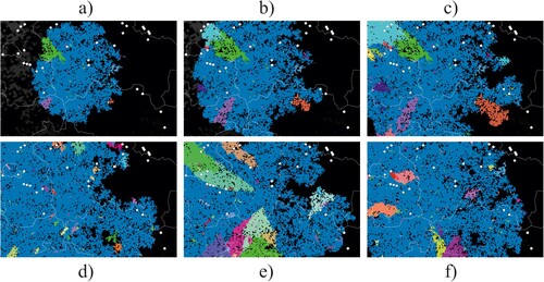 Figure 2. Model output as spatial snapshots with different variants differently coloured, either showing the dynamic development of infection distribution (a–c) or mapping the stochastic variability of the final distribution (d–f). Pixels represent social groups of individual wild boar and lines are administrative borders.