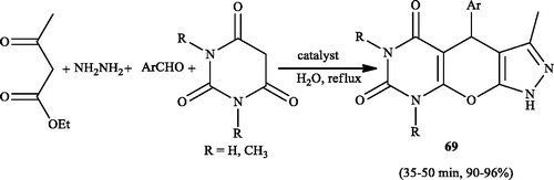 Scheme 105. Synthesis of 3-methyl-4-phenyl-1,4-dihydropyrazolo[4',3':5,6]pyrano[2,3-d]pyrimidine-5,7(6H,8H)-dione derivatives.