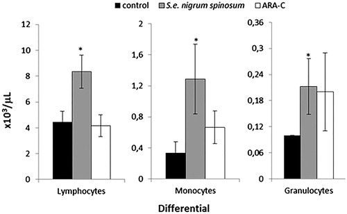 Figure 2. Differential peripheral blood counts of healthy mice treated with the S. edule var. nigrum spinosum extract at a dose of 800 mg/kg. n = 20 mice per treatment. The data are presented as the means ± SDs; *indicates a significant difference (Tukey’s test, p ≤ 0.05).