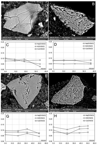 Figure 6. Examples of microtextures in smalt grains from Section V in different replicas. A: Replica 3A (freshly applied intonaco; exposure to water vapour) Section V.a (ammonium carbonate 6 h); B: Replica 3A (freshly applied intonaco; exposure to water vapour) Section V.a (ammonium carbonate 6 h); C: Compositional profile of smalt grain in A; D: Compositional profile of smalt grain in B; E: Replica 3B (partially set intonaco; exposure to water vapour) Section V.a (ammonium carbonate 6 h); F: Replica 3B (partially set intonaco; exposure to water vapour) Section V.b (ammonium carbonate 6 h/barium hydroxide 6 h); G: Compositional profile of smalt grain in E; H: Compositional profile of smalt grain in F.