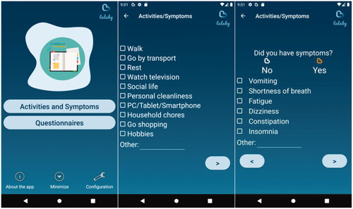 Figure 1. Lalaby app screenshot of the main menu (left), activities (centre), symptoms (right).