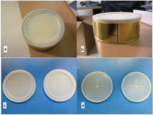 Figure 1. (a, b) Butter packed in the packaging and (c) adjustable closure cap and (d) no adjustable cap.Figura 1. (a, b) Mantequilla envasada y (c) tapa de cierre ajustable y (d) tapa de cierre no ajustable.