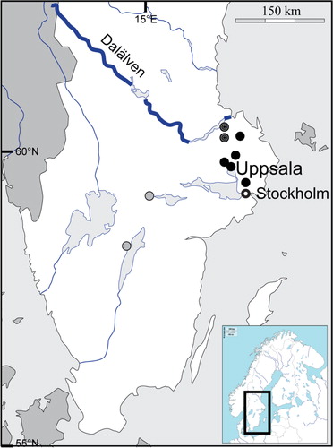 Fig. 1 Map over central/southern Sweden. Black dots indicate the geographic locations for the hantavirus-infected yellow-necked mice; the two striped dots indicate the previously reported southernmost cases of PUUV-infected bank voles in Sweden; the gray dots, Hjo and Örebro, indicate where human PUUV infections have been suspected (Hjo) and confirmed (Örebro).