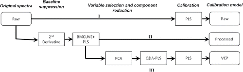 Figure 3. Flow chart illustrating the three model development procedures used in this study. Note that vapor correction (III) does not modify the quantity of predictors (wavenumbers) used for calibration, only the character of the absorption indexed on those wavenumbers.