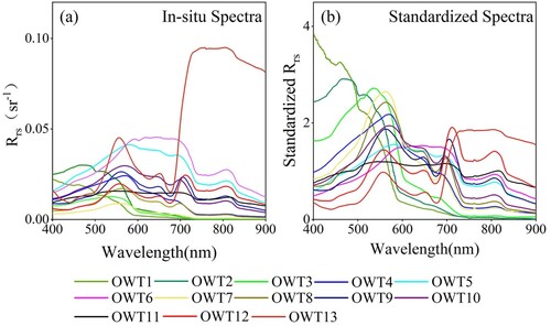 Figure 3. Average spectra of 13 OWTs. (a) In-situ spectra; (b) Standardized spectra.