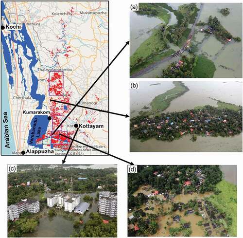 Figure 12.. (a), (b), (c), (d) shows an aerial view that has partially submerged houses on a flooded area located in and around Alappuzha and Kottayam districts