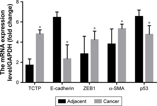 Figure S1 The expression of TCTP, E-cadherin, ZEB1, α-SMA, and p53 in tumor samples and normal tissues.Note: *P<0.01.
