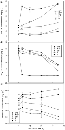 Figure 2. Mineral nitrogen (N) change in different soils incubated with ammonium sulfate. Soil types: HTP, high tea production; MTP, middle tea production; LTP, low tea production; F, forest; V, vegetable. –N, ammonium N. Vertical bars show standard deviations.