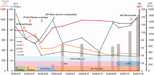 Figure 3. The patient’s treatment follow-up graph. The graph displays the main clinic indexes including hemoglobin, platelets, lactate dehydrogenase, creatinine, and urine volume. The treatment interventions during the hospital course are showed above. CAPD: continuous ambulatory peritoneal dialysis; Hb: hemoglobin; IHD: intermittent hemodialysis; LDH: lactate dehydrogenase; LMWH: low-molecular-weight heparin; PED: prednisone; PLT: platelets; Scr: serum creatinine; UV: urine volume.