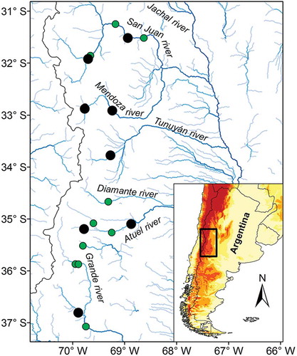 Figure 1. Location of the study area, the main rivers of the region and the spatial distribution of the hydrological stations used for the analysis. Stations marked with a black circle were used for the climatology of streamflow droughts.