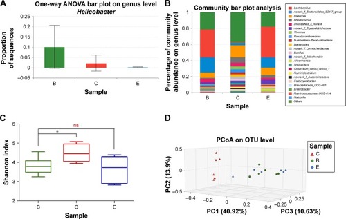 Figure 4 Gastric microbiota analysis of H. pylori control group (sample B, green), triple therapy group (sample C, red), and high-dose LipoLLA group (sample E, blue).Notes: (A) The level of Helicobacter in three groups after administration. (B) The relative abundance distribution of major genera. The genera with relative abundance <1% were grouped into “other”. (C) Box and whisker plot of Shannon index in three groups. *P-value<0.05. (D) PCoA of the three groups at the OTU level.Abbreviations: PCoA, principal coordinate analysis; OTU, operational taxonomic unit; LipoLLA, liposomal linolenic acid; ANOVA, analysis of variance; H. pylori, Helicobacter pylori; ns, not significant.