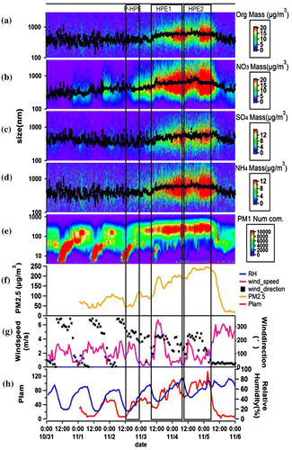 Fig. 3. Time series of mass concentration with the change of size of organics (a), nitrate (b), sulphate (c), ammonium (d) measured by AMS and number concentration of PM1 measured by TDMPS (e) at SDZ regional GAW station, PM2.5 measured at Beijing Wanliu station (f), meteorological characteristics such as wind direction and speed (g), PLAM and relative humidity (h) during autumn.