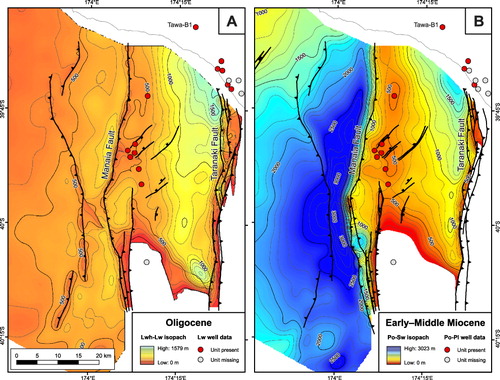 Figure 4 Sediment thickness maps from the Kupe area of offshore southern Taranaki Basin, after Fohrmann et al. (Citation2012). A, Isopach of the Oligocene to earliest Miocene (c. 34–21 Ma) which illustrates the significant thickening (c. 1000 m) of this unit towards the Taranaki Fault, and to a lesser degree, towards the Manaia Fault (c. 500 m). B, Early–Middle Miocene isopach (roughly Otaian–Waiauan, c. 21–11 Ma) showing thickening into the Taranaki Fault, and especially the Manaia Fault (c. 2000 m). Contour interval is 100 m.