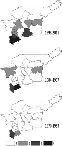 Figure 4. TBE incidence rate in RK districts for 14-year periods: 1, 0.0–0.099; 2, 0.1–0.99; 3, 1.0–4.99; 4, > 5.0.
