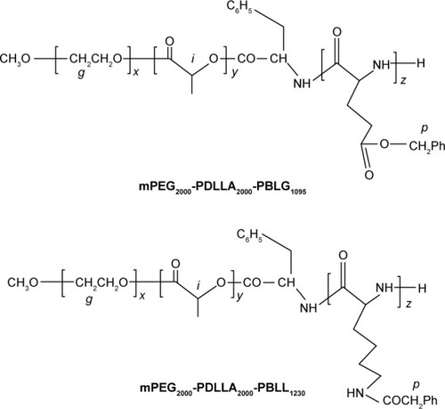 Figure 2 Structural representations of mPEG-PDLLA-PBLG and mPEG-PDLLA-PBLL.Abbreviations: PEG, poly(ethylene glycol); PDLLA, poly(d,l-lactic acid); mPEG, methoxy PEG; PBLG, poly(γ-benzyl-l-glutamate); PBLL, poly(γ-benzyl-l-lysine).