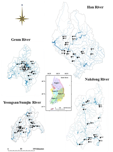 Figure 1.  Sampling locations in four major watersheds of Han River (HR; 18 sites), Nakdong River (NR; 18 sites), Geum River (GR; 20 sites), and Yeongsan/Sumjin River (YR; 20 sites).