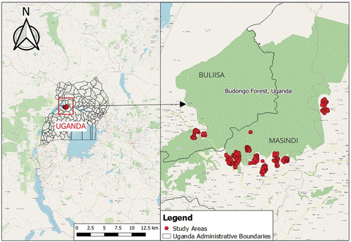 Figure 1. Study sites around Budongo forest.