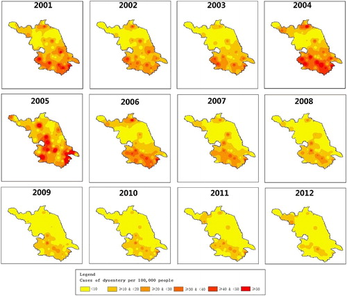 Figure 2 Distribution maps of dysentery in Jiangsu Province from 2001 to 2012. Source: Author