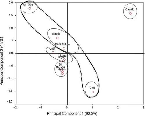 Figure 2 Principal component analysis of the chromatographic data from free fatty acid profiles of the cheeses. (Color figure available online.)
