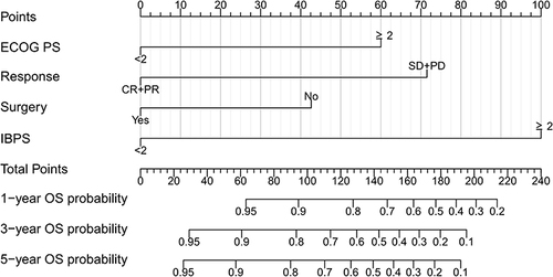 Figure 2 The nomogram for predicting the overall survival (OS) in patients with diffuse large B-cell lymphoma (DLBCL). The total points are calculated as the sum of the individual scores of each of the four variables included in the nomogram.