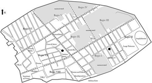 Figure 1. Map of Pompeii showing the unexcavated areas (grey). Pompeii is divided into nine regions. The city blocks are called insulae and are individually numbered. Additionally, each door in a block has its own number (or letter), and thus, for example, the address of the Casa di Sirico is VII,1,25/47 [Regio number, insula number, door number(s)]. The locations of the public buildings are marked on the map, as they are excluded from the datasets used in this study. The buildings around the forum are usually considered to be public.