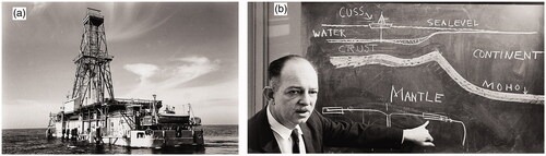 Figure 2. (a) The world’s first dynamically positioned, deep-sea drilling barge, CUSS-1. The ship succeeded in penetrating to Layer 2 of the oceanic crust, recovering basalt, in the Pacific Ocean offshore of Baja California. (b) Harry Hess explaining the concept of the Mohole.