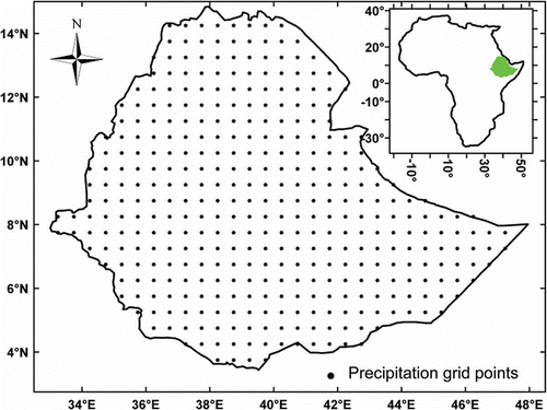 Fig. 1 Study area (location map of Ethiopia) and 0.5° × 0.5° spatial resolution monthly precipitation grid of points used for analysis.