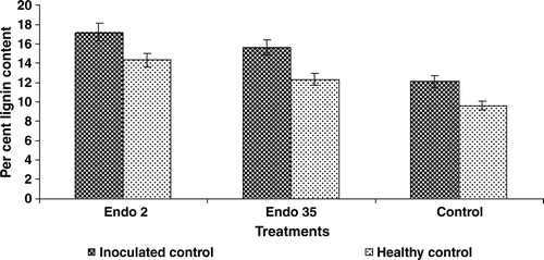 Figure 8.  Lignin content in black gram against M. phaseolina in response to P. fluorescens isolates Endo2 and Endo35. The enzyme activity was measured calorimetrically. Samples were analysed thrice, and the experiment was performed twice. The treatment values from two independent experiments were averaged and plotted by time. Bars indicate standard error of the mean and LSD (p = 0.05) = 2.71.