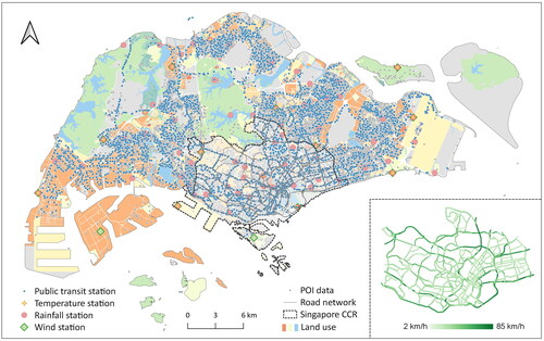 Figure 3. An overview of the traffic speed and multimodal context datasets in the study area. The subfigure provides an example of traffic speed values in Singapore’s downtown area. For simplicity, the legend for 28 kinds of land use is represented by three paralleled color-coded boxes.