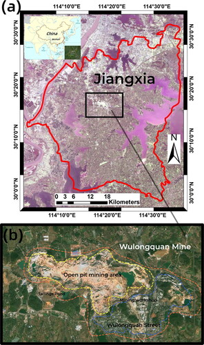 Figure 2. Location map of study area (a) the regional location of Jiangxia District, the red line represents the administrative area of Jiangxia District, and the black line represents the regional area of Wulongquan mining area. (b) Functional zoning of the Wulongquan mine area.