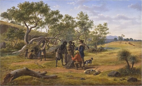 Figure 3. Eugene von Guérard, ‘Aborigines met on the road to the diggings’, 1854, oil on canvas, 46.0 × 75.5 cm. Geelong Gallery, Victoria. Gift of W. Max Bell and Norman Belcher.