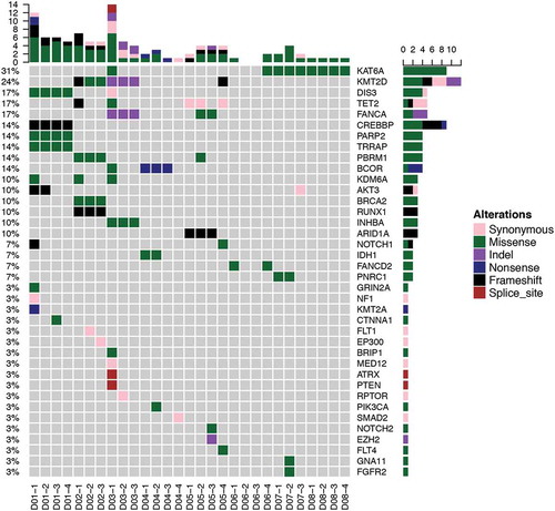 Figure 1. Mutation spectrum. Mutations detected from every sample of PACC patients. Different colors represent different types of mutations. Top bars represent total number of mutations a sample carries; side bars total number of samples with mutation in that particular gene.